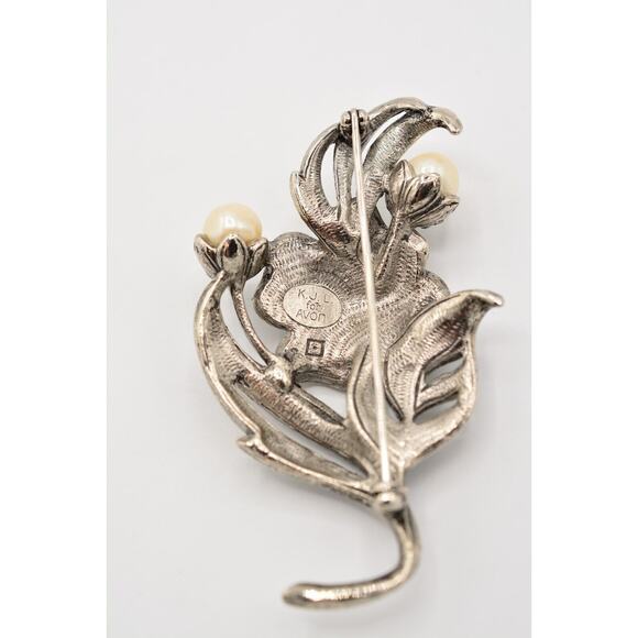 KJL Avon Vintage Flower Pin Brooch Silver Rhinestone Crystal Pearl Signed Bin5B - Picture 11 of 12